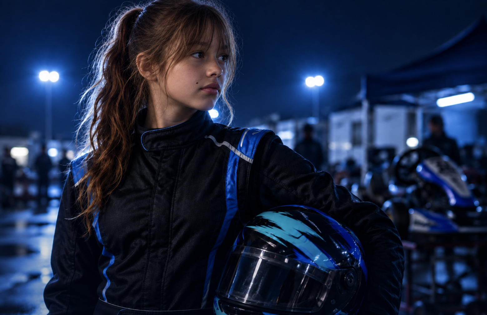 Skye holding her racing helmet under her arm at night