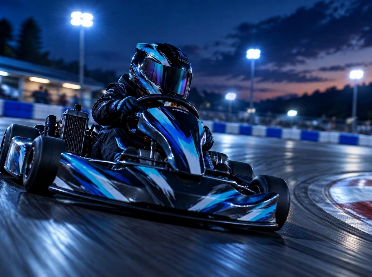 Kart at speed through a corner under track lights